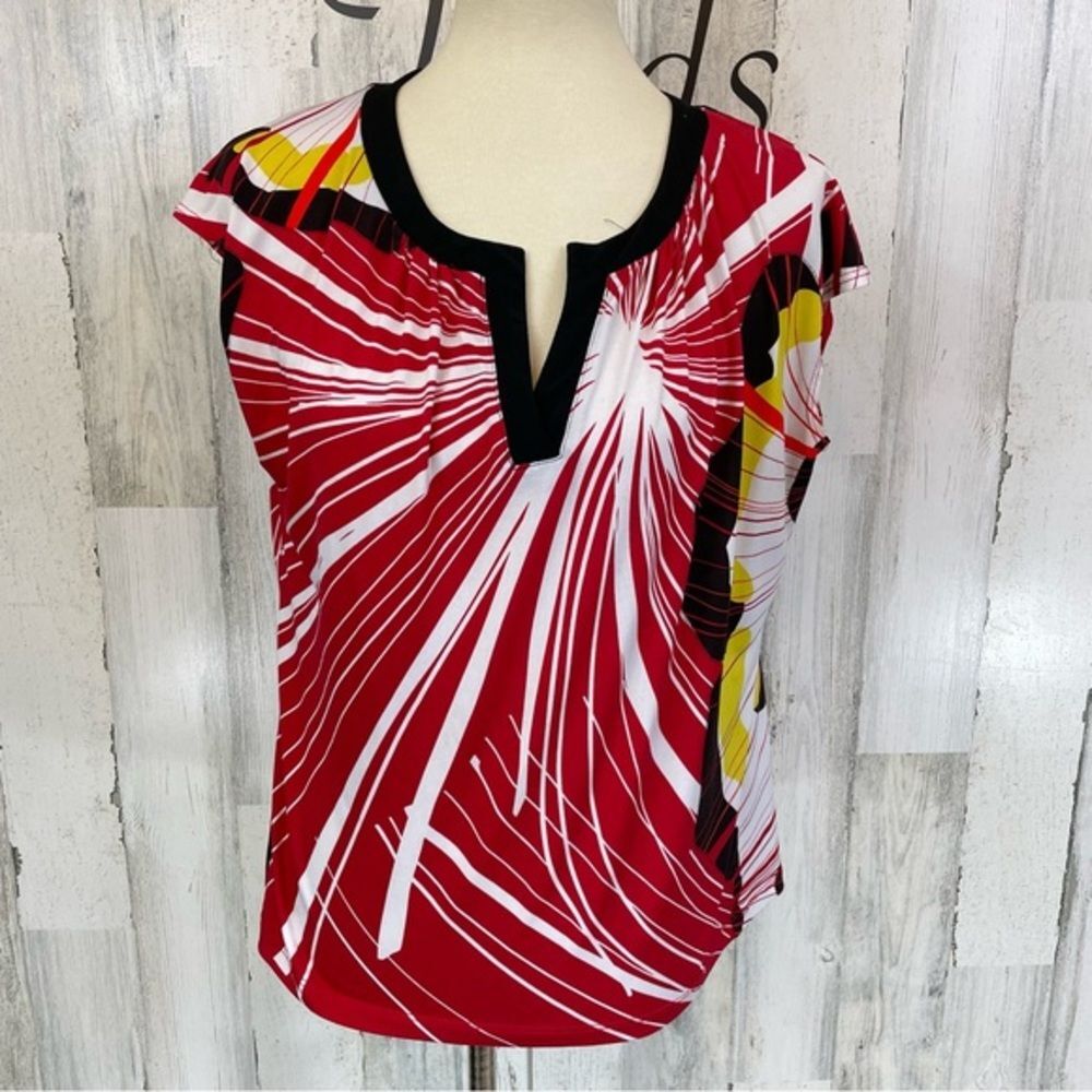 Worthington Red Black Yellow Print Sleeveless V Neck Liquid Knit Shirt Top Sz PL